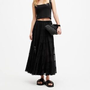 All Saints Black Eva Elasticated Waist Tiered Maxi Skirt - 12US